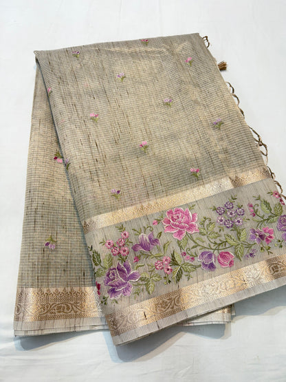 Beige shade tissue linen designer embroidery premium Banarasi saree