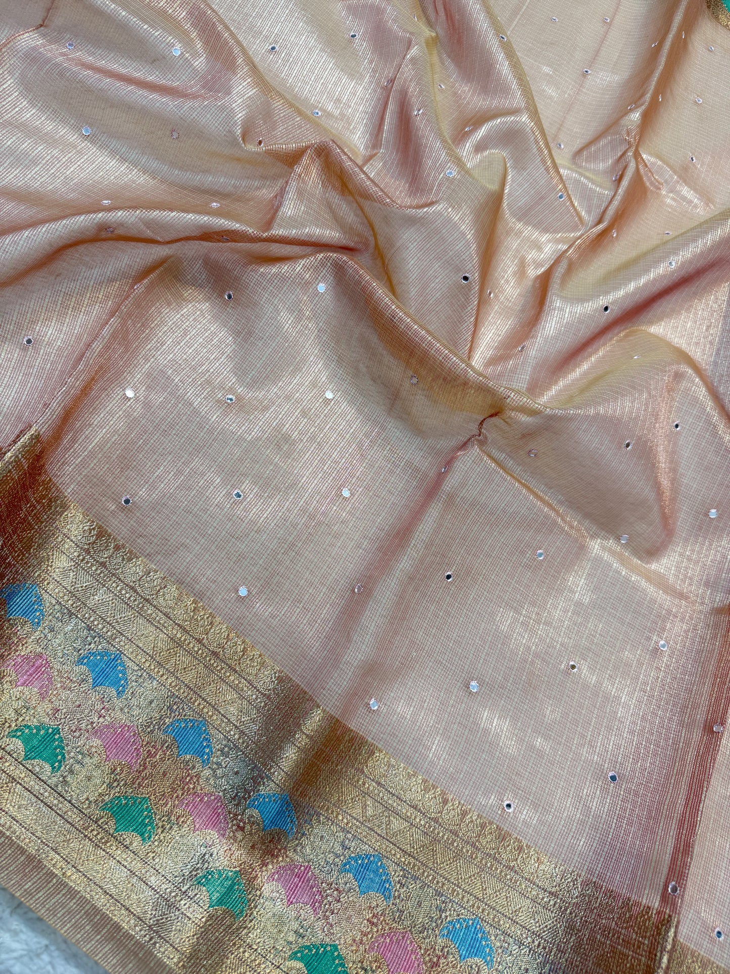 Rose Gold shade tissue kota mirror work premium Banarasi saree