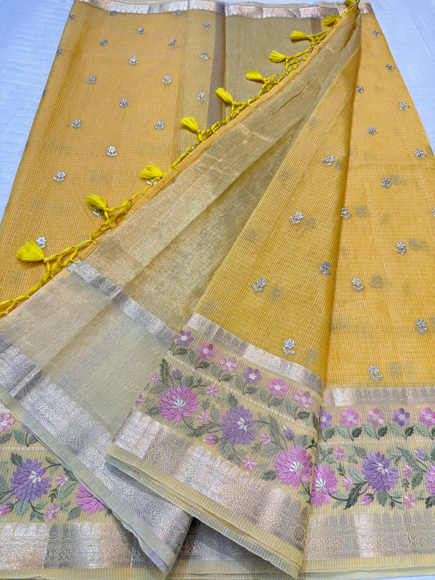 Gold shade cotton kota chickenkari embroidery Banarasi saree