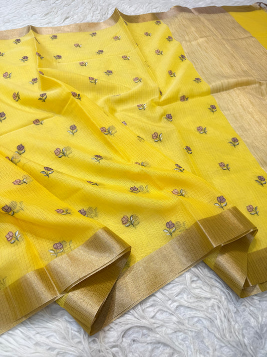 Yellow shade cotton kota embroidery Banarasi saree