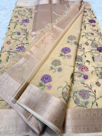 Beige shade organza embroidery Banarasi saree