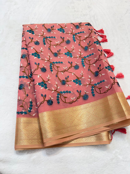 Peach shade organza designer premium embroidery Banarasi saree