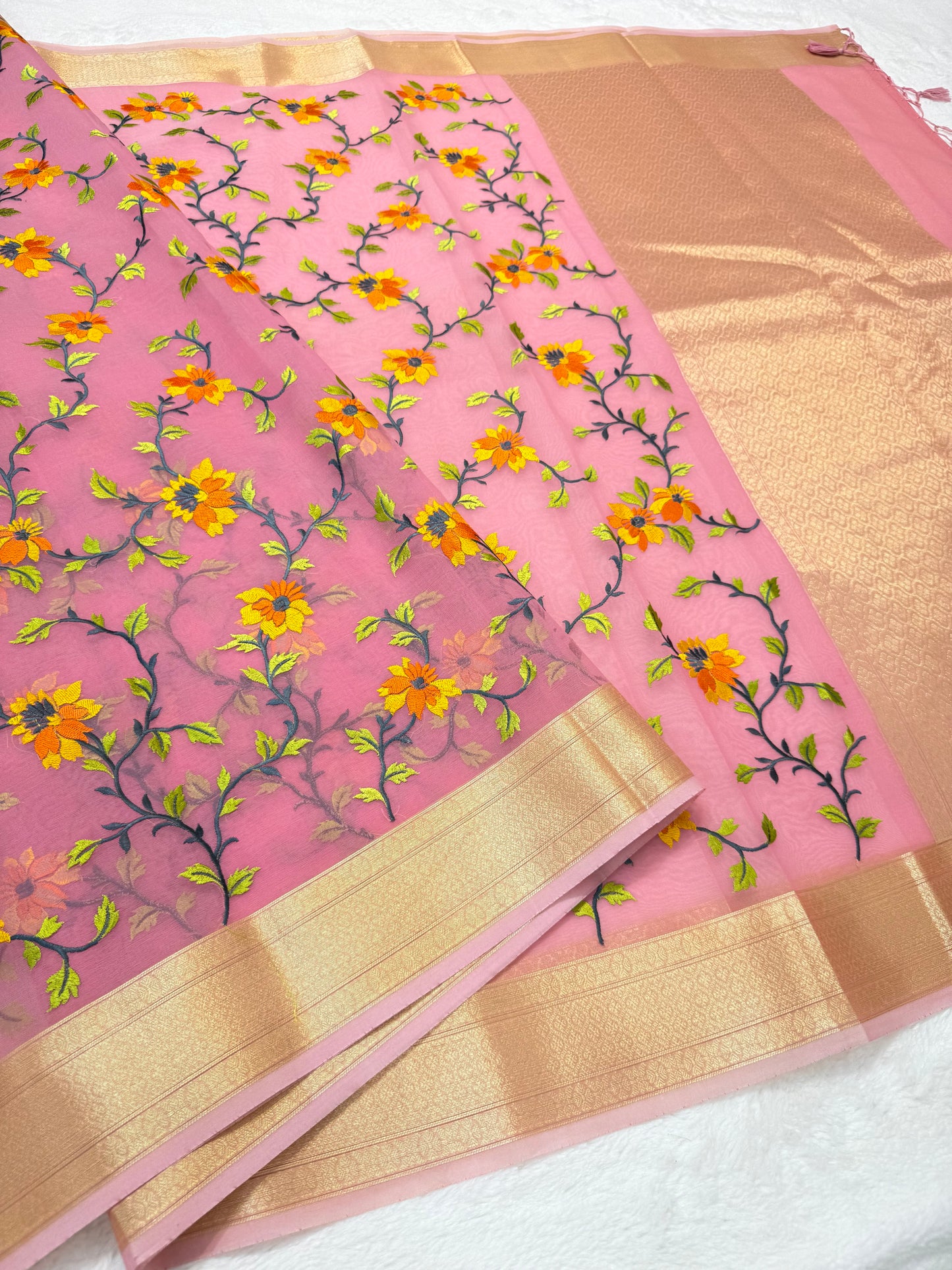 Pink shade organza designer premium embroidery Banarasi saree