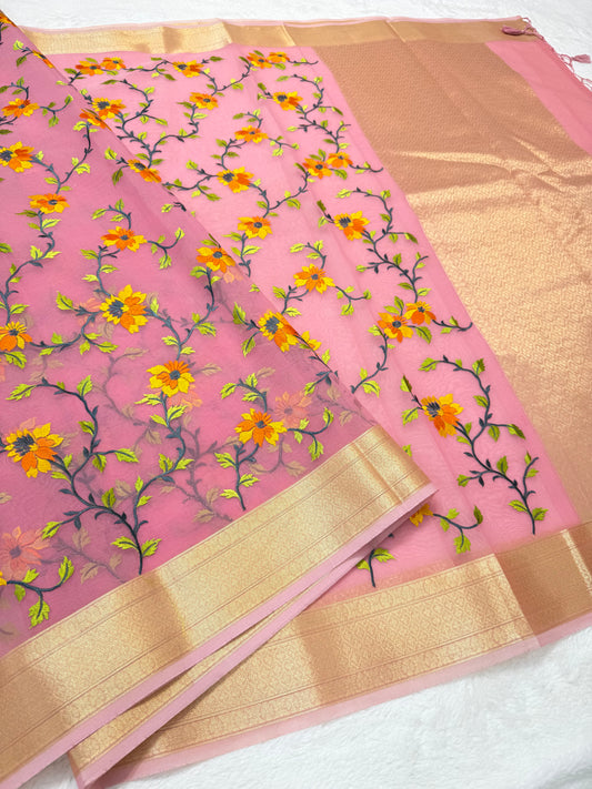 Pink shade organza designer premium embroidery Banarasi saree