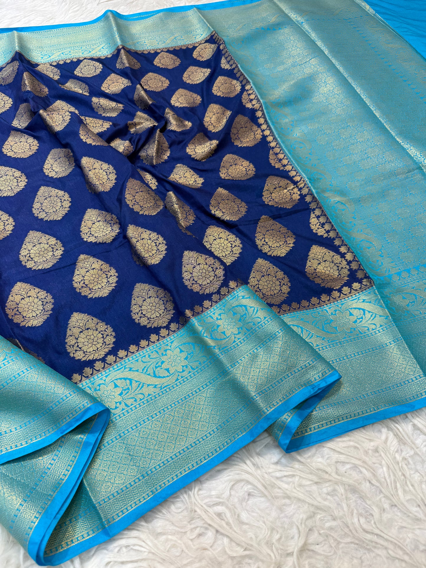 Royal blue & sea green shade Dupion Silk Banarasi Saree 