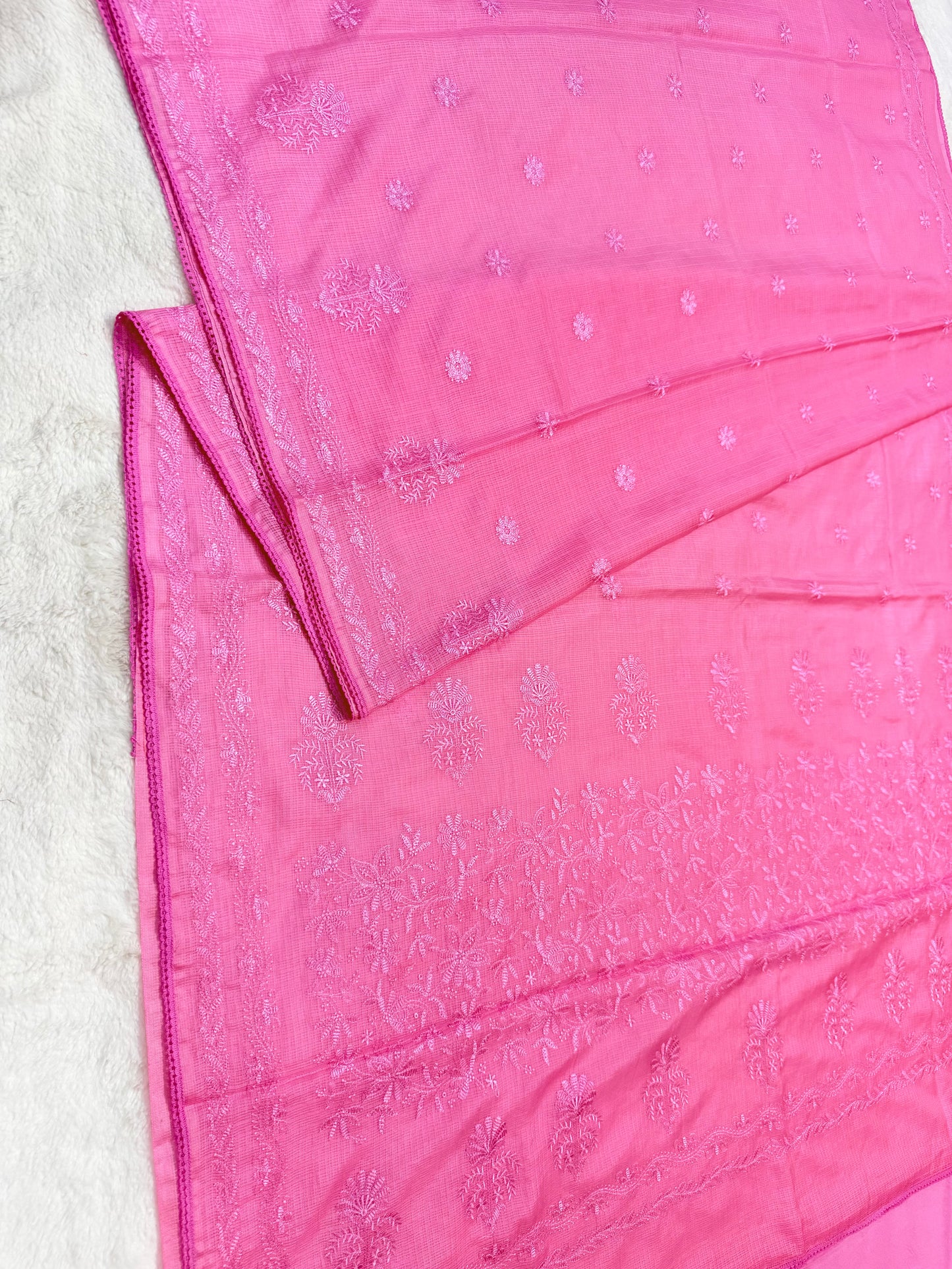 Pink shade cotton kota chickenkari embroidery Banarasi saree