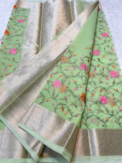 Pista green shade kora organza  embroidery Banarasi saree
