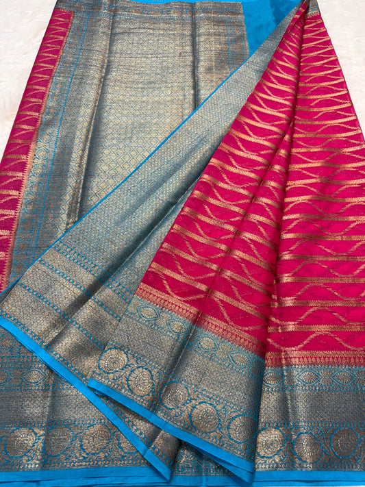 Royal pink powder blue shade georgatte Banarasi saree