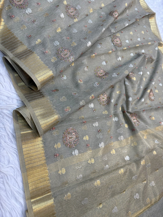 Grey shade linen  embroidery Banarasi saree