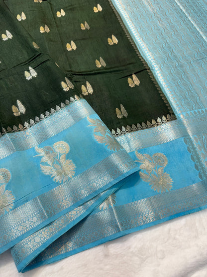 Mehandi & sea green shade raw mango Banarasi premium Banarasi saree