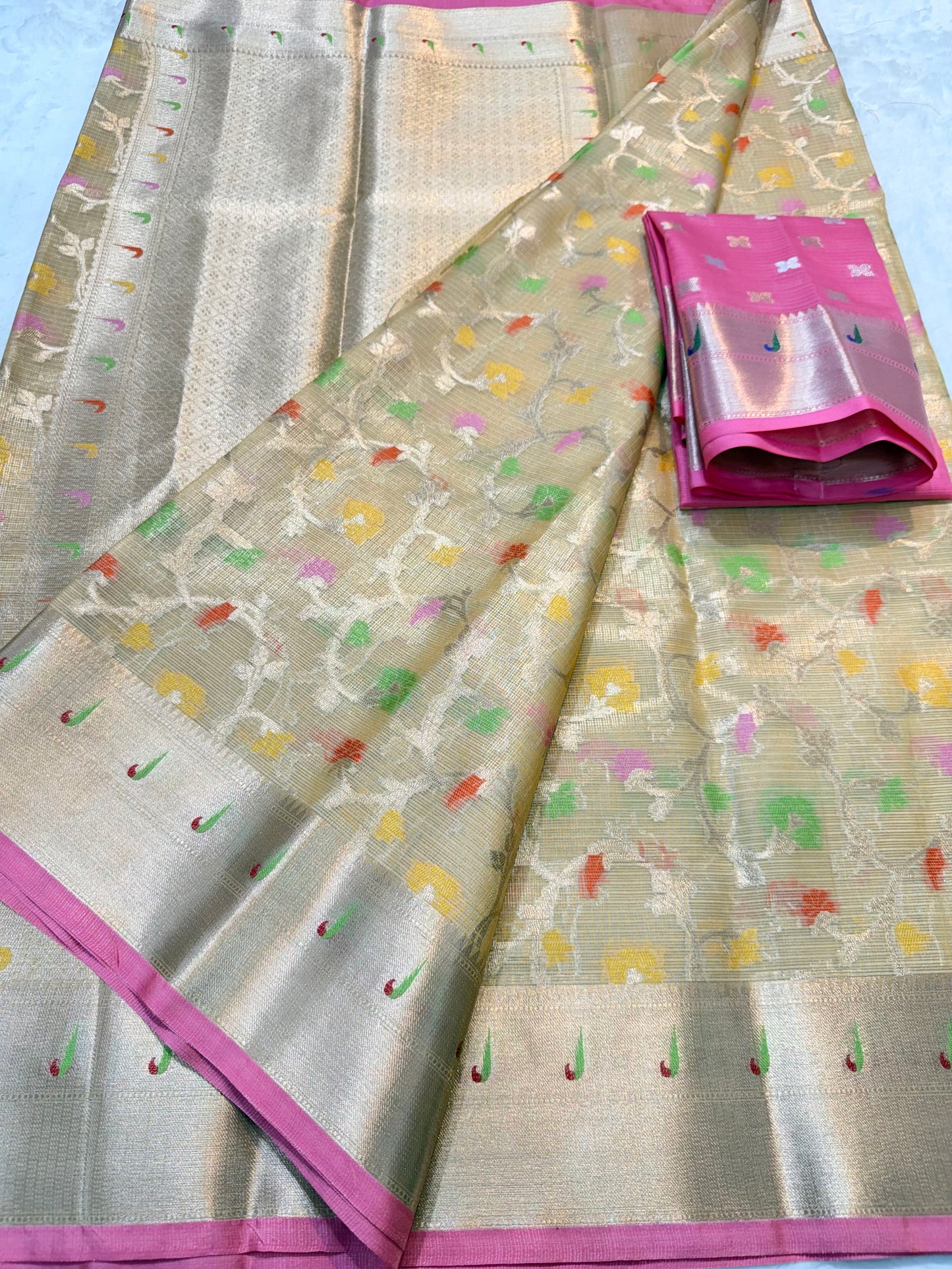Beige & multicolour shade tissue kota premium paithani border designer banarasi saree
