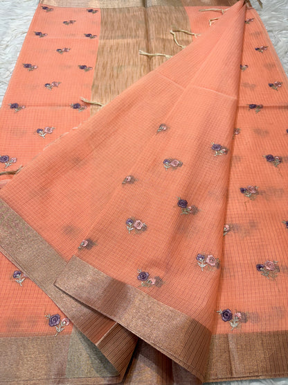 Peach shade cotton kota embroidery Banarasi saree