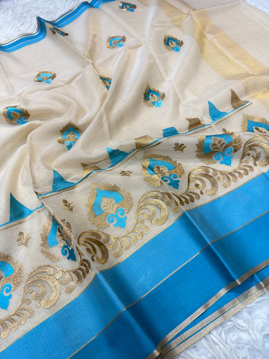Off White powder blue shade tissue kota embroidery Banarasi saree