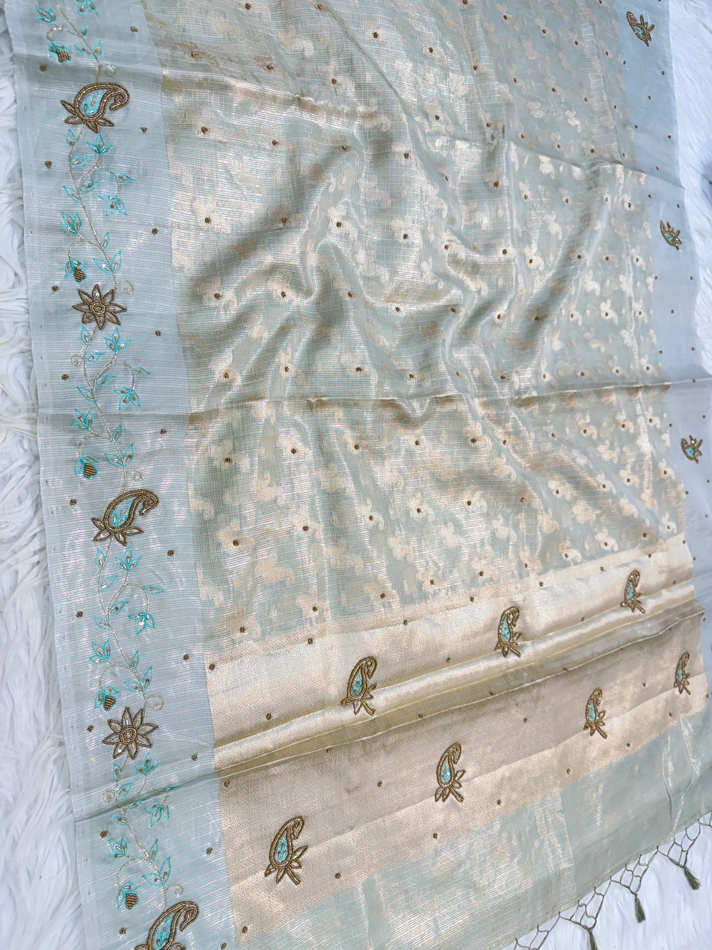 Sea green shade tissue kota designer handwork premium Banarasi saree