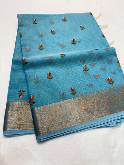 Sky blue shade cotton kota embroidery Banarasi saree