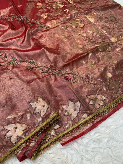 Red shade tissue ari & zardosi work designer premium Banarasi saree