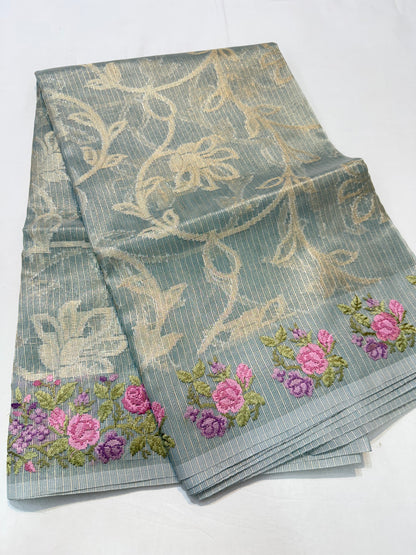 Pista green shade tissue kota embroidery primum Banarasi saree