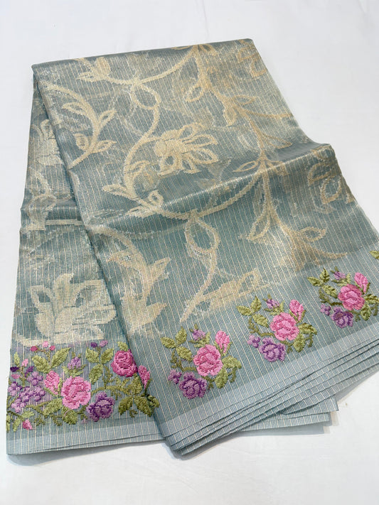 Pista green shade tissue kota embroidery primum Banarasi saree