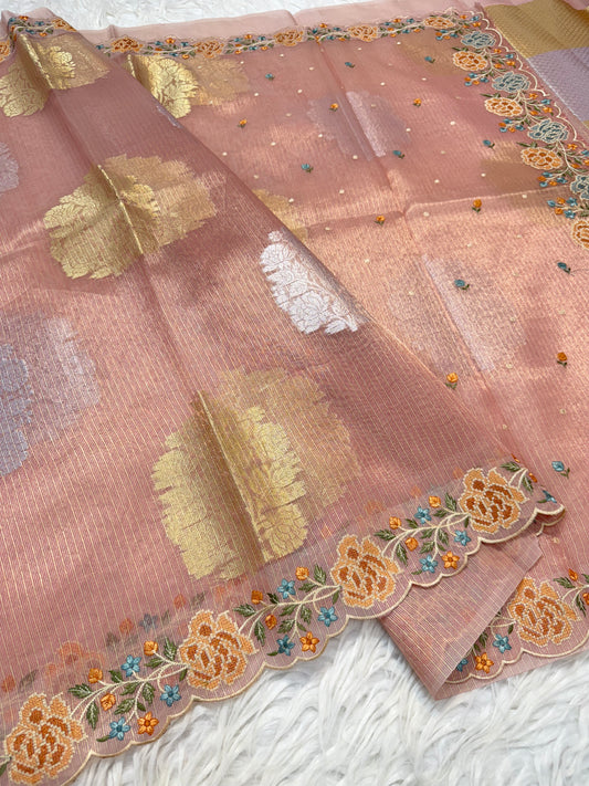 Pink shade tissue kota embroidery primum Banarasi saree