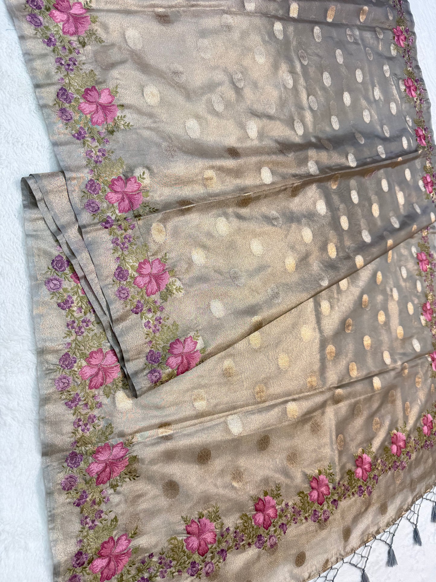 Grey tissue cutwork embroidery premium designer Banarasi saree