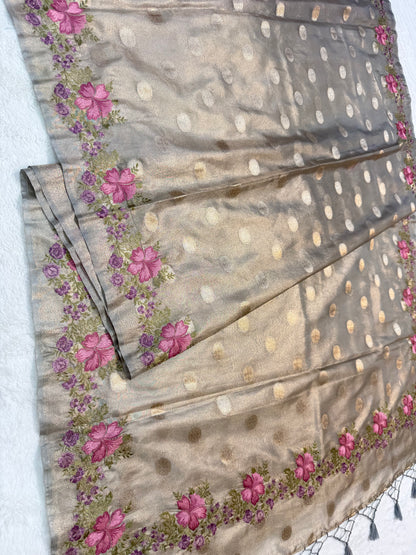 Grey tissue cutwork embroidery premium designer Banarasi saree