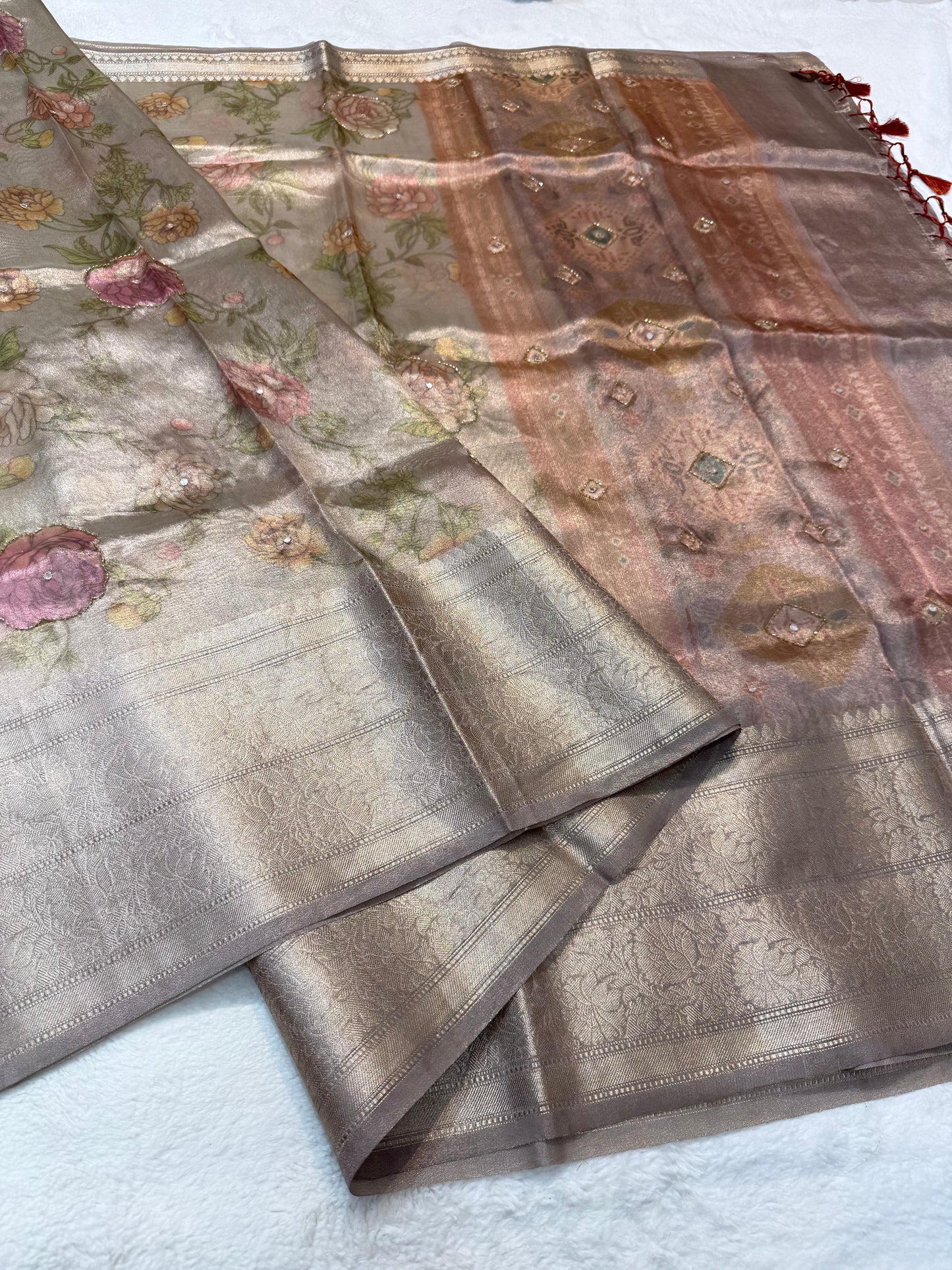 multicolour tissue silk digital print handwork premium Banarasi saree