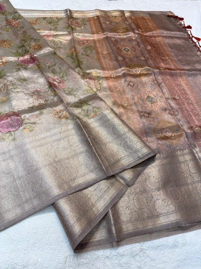 multicolour tissue silk digital print handwork premium Banarasi saree