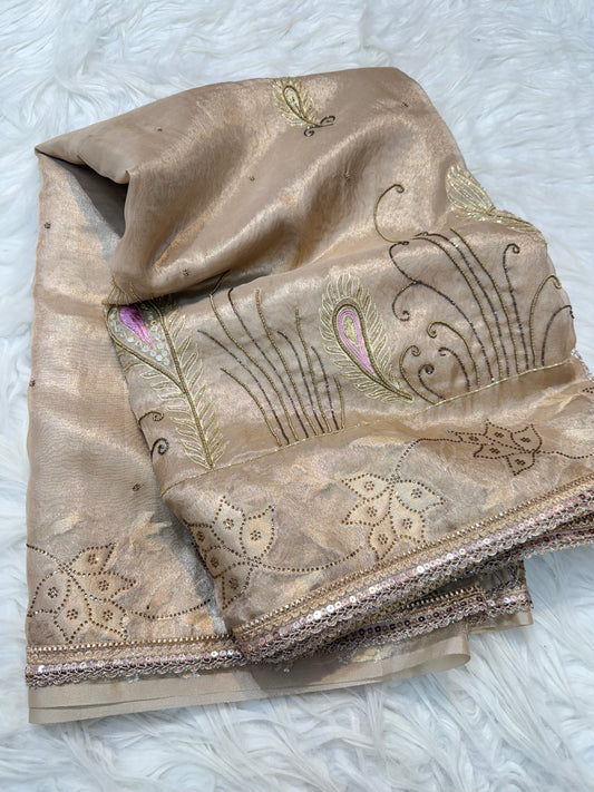 Beige shade tissue ari & zardosi work designer premium Banarasi saree