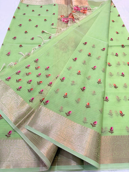 Pista green shade cotton kota embroidery Banarasi saree