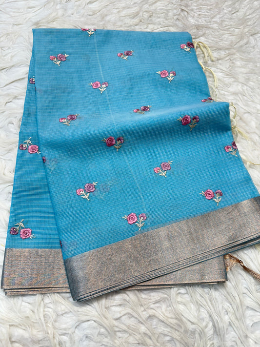 Sky blue shade cotton kota embroidery Banarasi saree