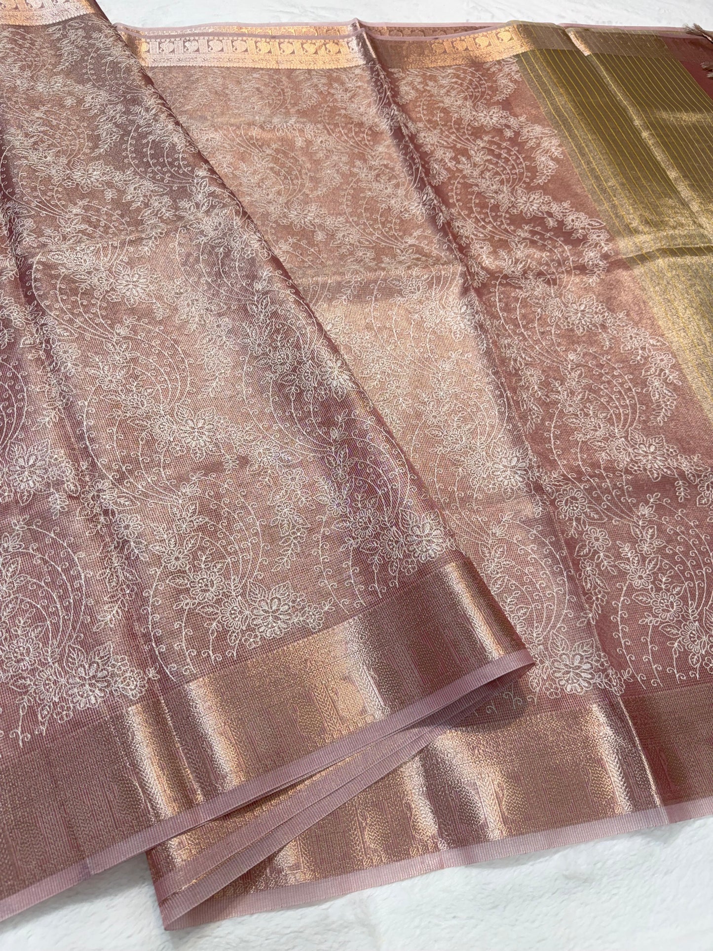 Rose gold shade tissue kota designer embroidery premium Banarasi saree