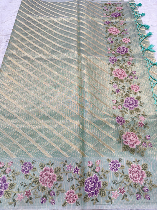 Pista green shade tissue kota embroidery primum Banarasi saree