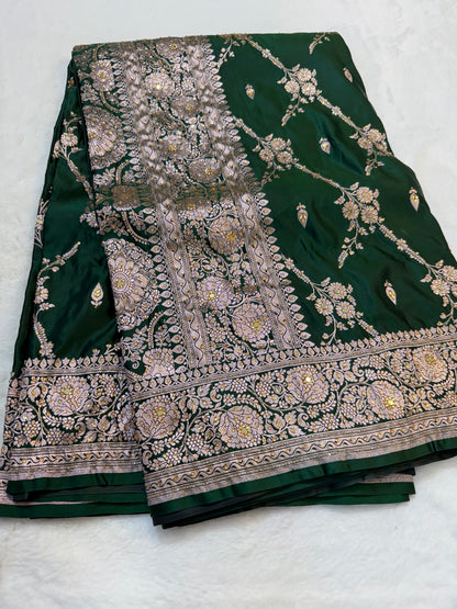 Bottel green shade Bridal Mashru ari & stone Silk Banarasi Saree