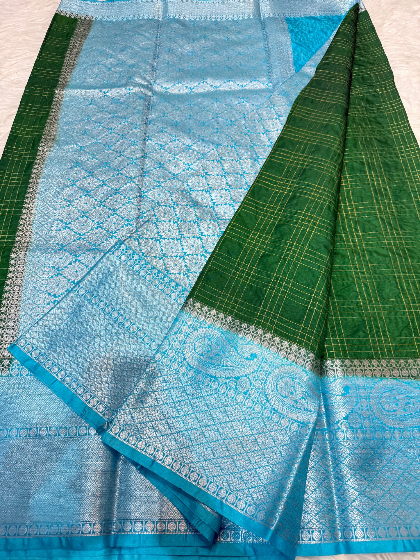 Bottle green & firozi shade  Dupion Silk premium Banarasi Saree