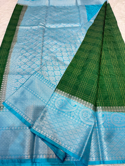 Bottle green & firozi shade  Dupion Silk premium Banarasi Saree