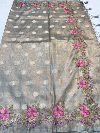 Grey tissue cutwork embroidery premium designer Banarasi saree