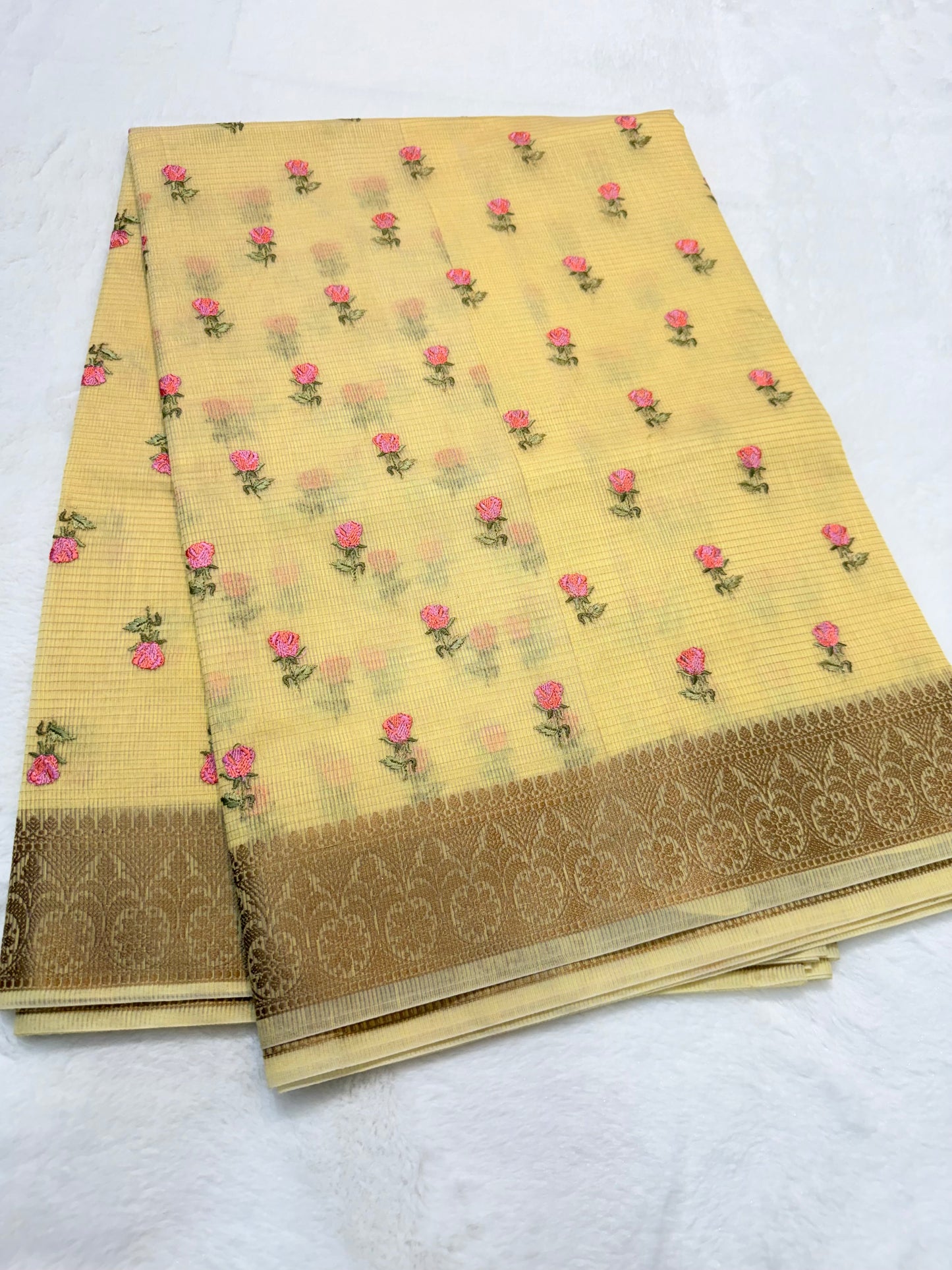 Yellow shade cotton kota embroidery Banarasi saree
