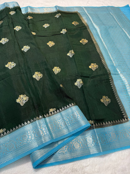 Mehendi & sea green  shade raw mango premium Banarasi saree