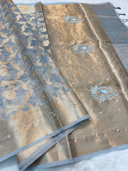 Light slate blue tissue kota designer handwork premium Banarasi saree