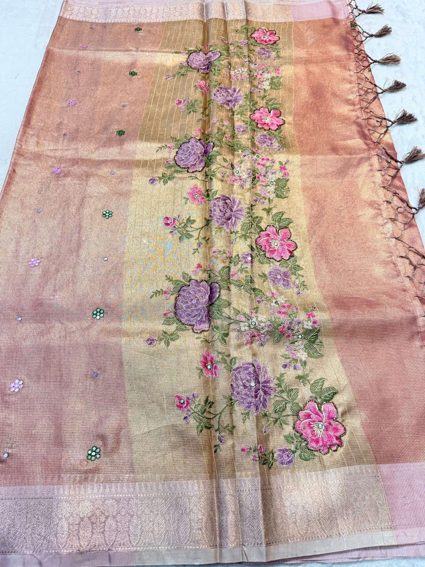 Rose gold shade kota tissue kota designer embroidery handwork premium Banarasi saree