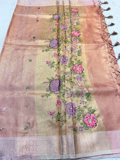 Rose gold shade kota tissue kota designer embroidery handwork premium Banarasi saree