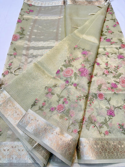 Pista green shade tissue kota embroidery primum Banarasi saree
