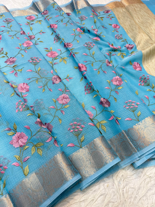 Sky blue shade kota  embroidery Banarasi saree