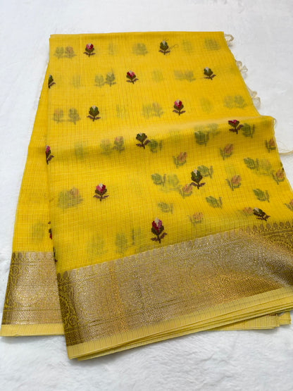 Yellow shade cotton kota embroidery Banarasi saree