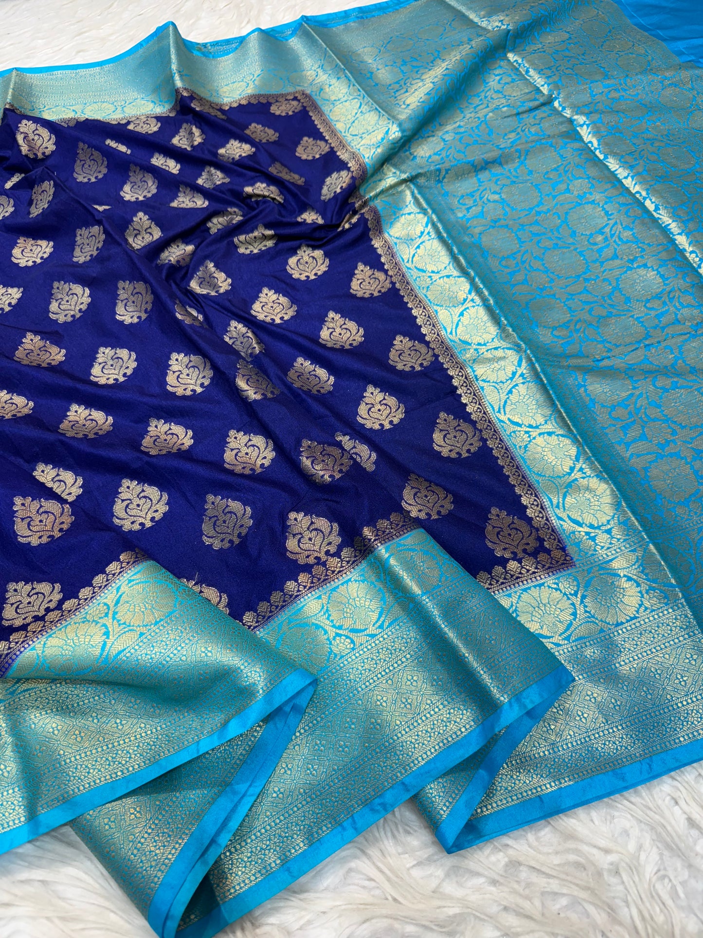 Royal Blue & firozi shade Dupion Silk Banarasi Saree 