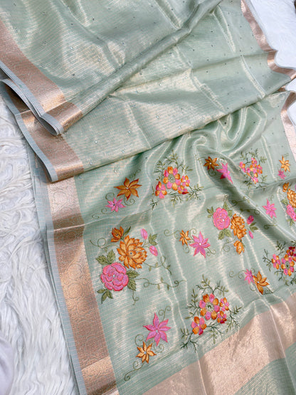 Sea green shade tissue kota embroidery mirror work premium Banarasi saree