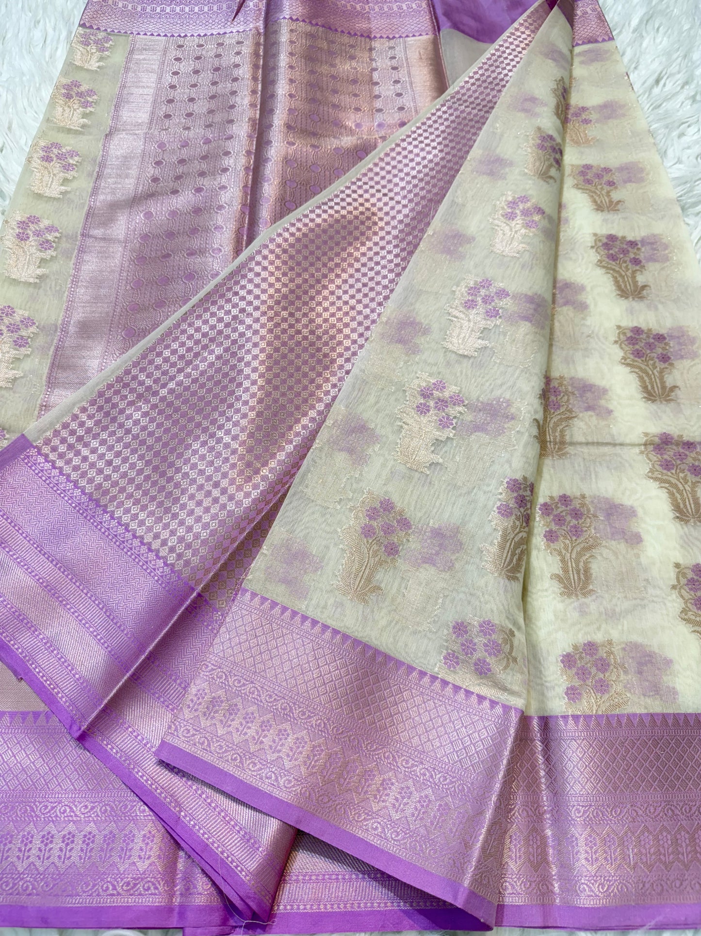Off white & purple shade cotton premium Banarasi saree