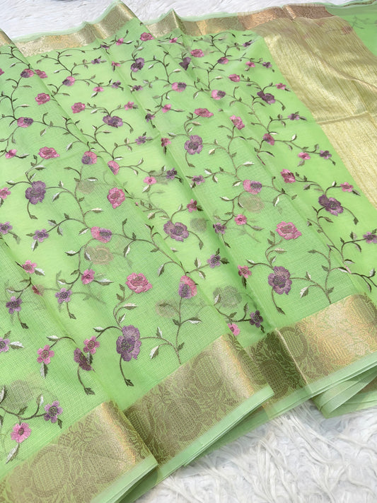 Pista green  shade cotton kota embroidery Banarasi saree