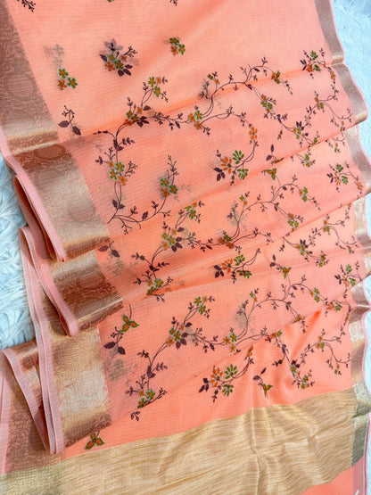 Peach  shade kota embroidery Banarasi saree