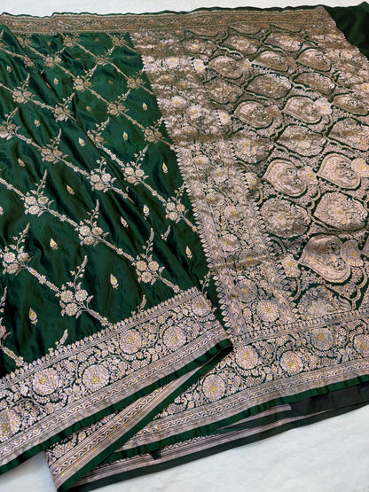 Bottel green shade Bridal Mashru ari & stone Silk Banarasi Saree